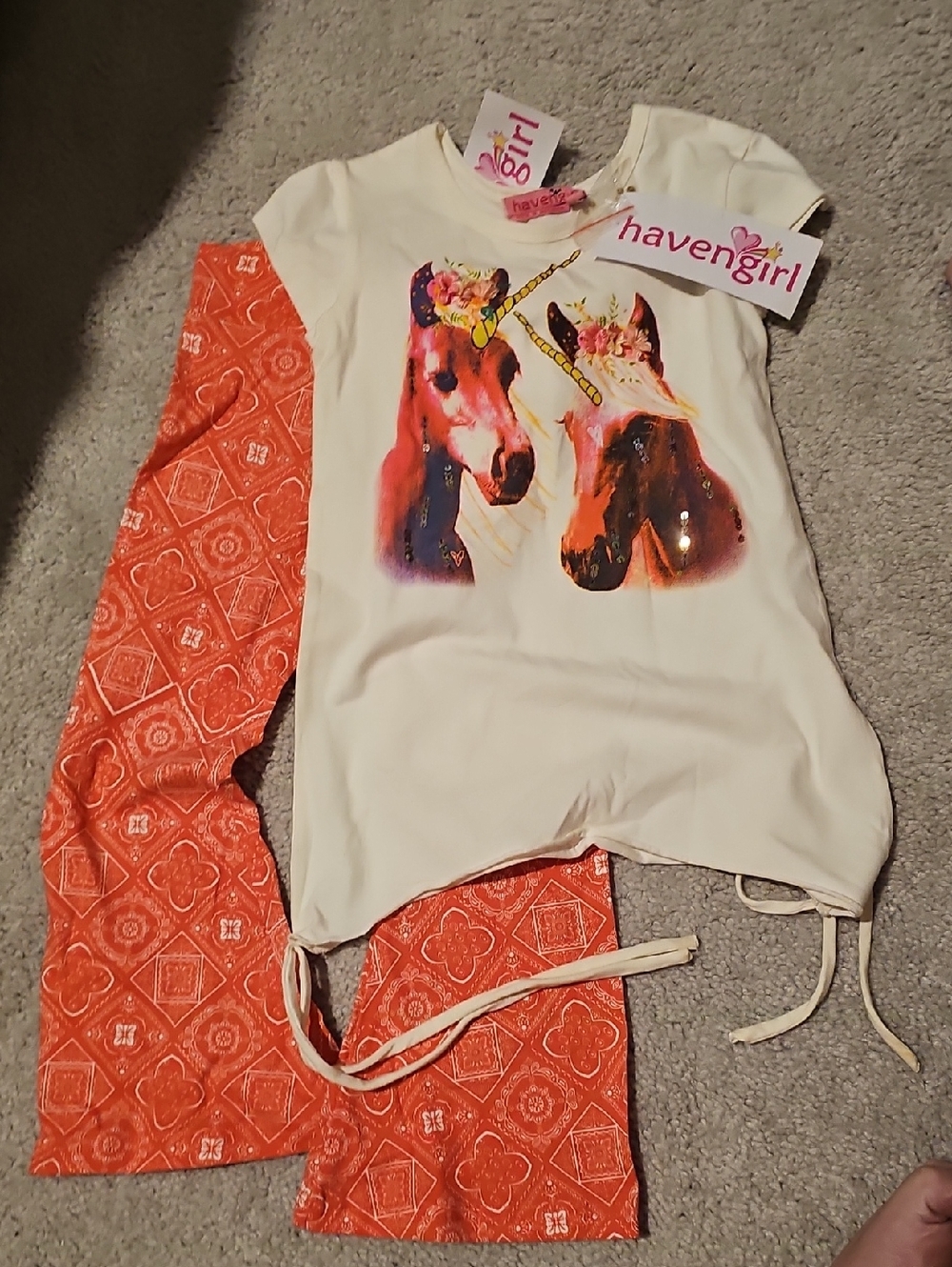 Havengirl White Unicorn Graphic Top with Orange Printed Pants
